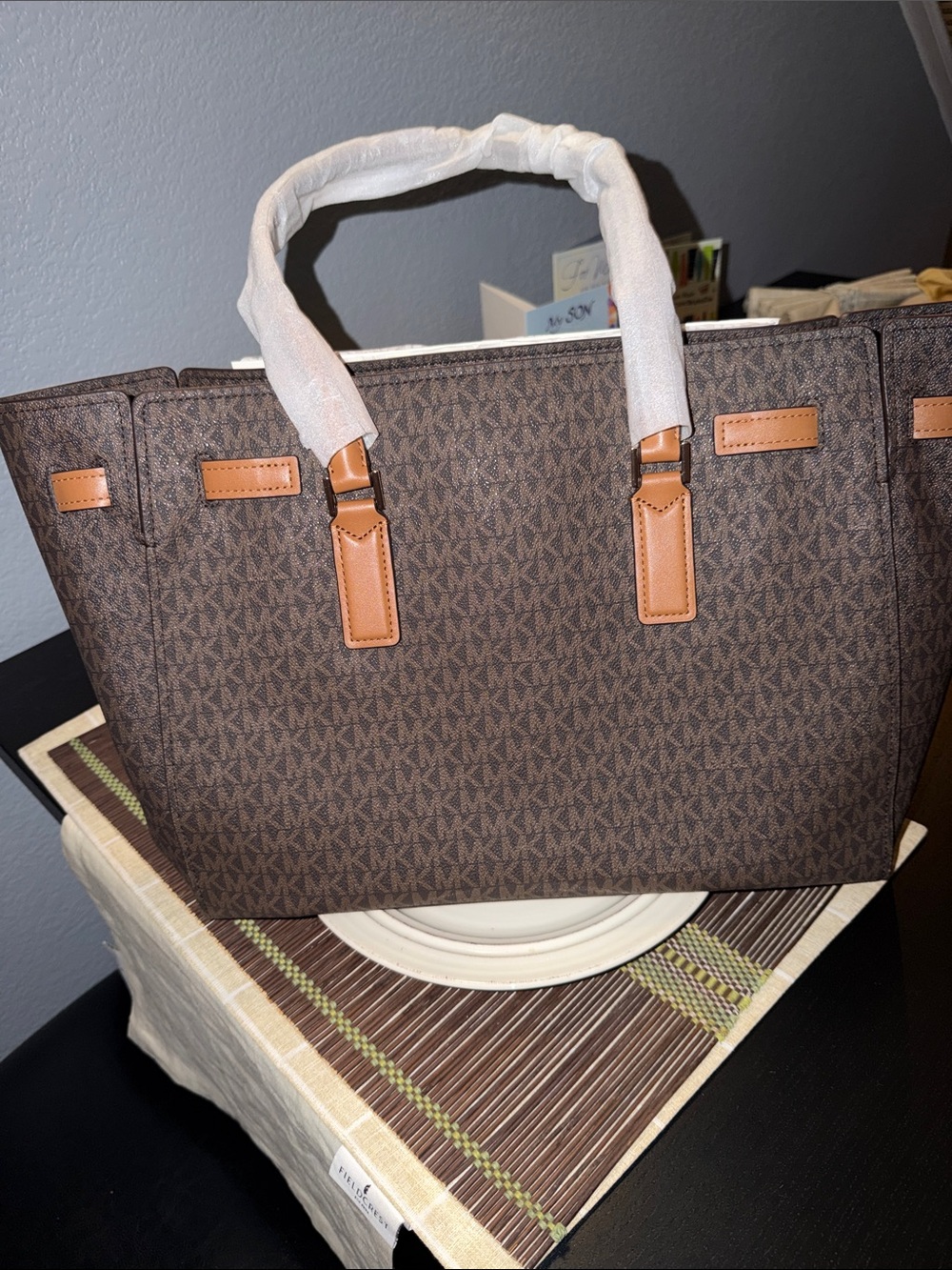 Michael Kors Brown MK Logo Tote with Tan Leather Accents - Picture 6 of 6